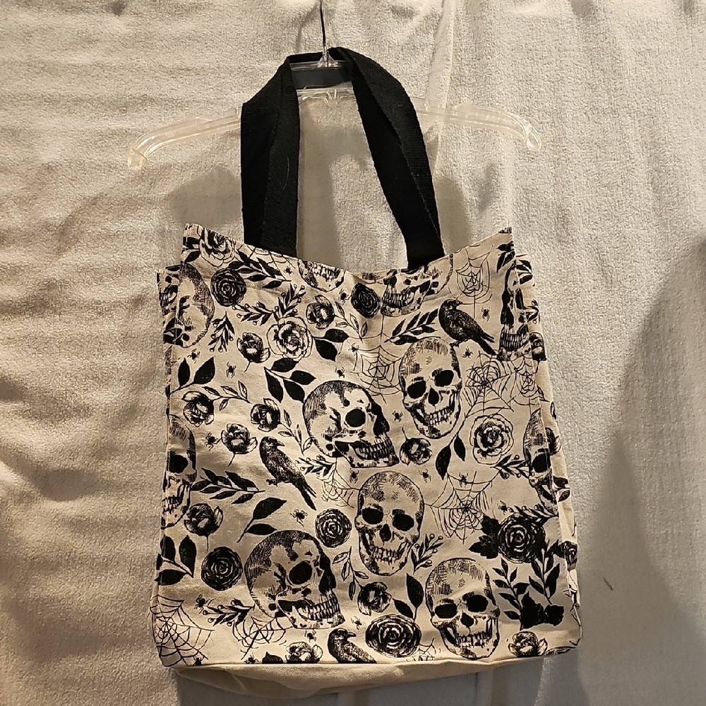 Canvas Tote Skulls Ravens Roses Spiders Black And Cream Goth